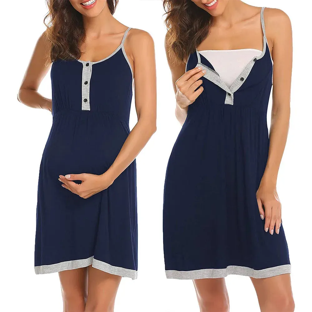 2023 Nursing Nightgown Women's Maternity Dress Button Down Nightdress Sleeveless Breastfeeding Sleepwear Hospital Gown