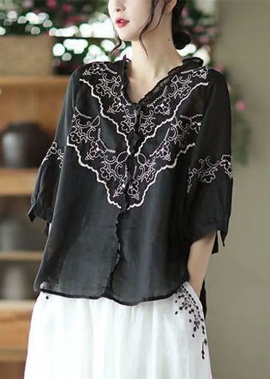 Art Black Embroideried Patchwork Linen Tops Summer LY0233