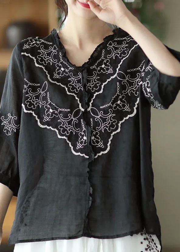 Art Black Embroideried Patchwork Linen Tops Summer LY0233