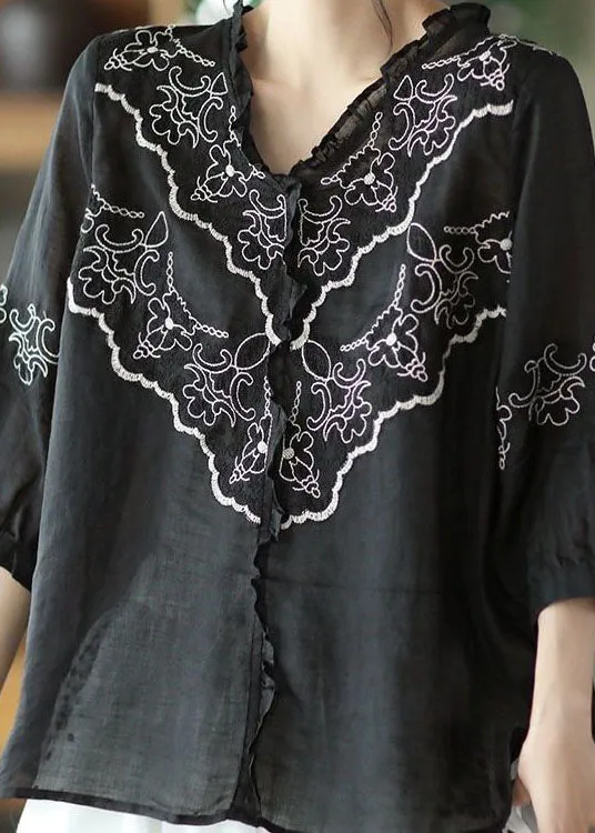 Art Black Embroideried Patchwork Linen Tops Summer LY0233