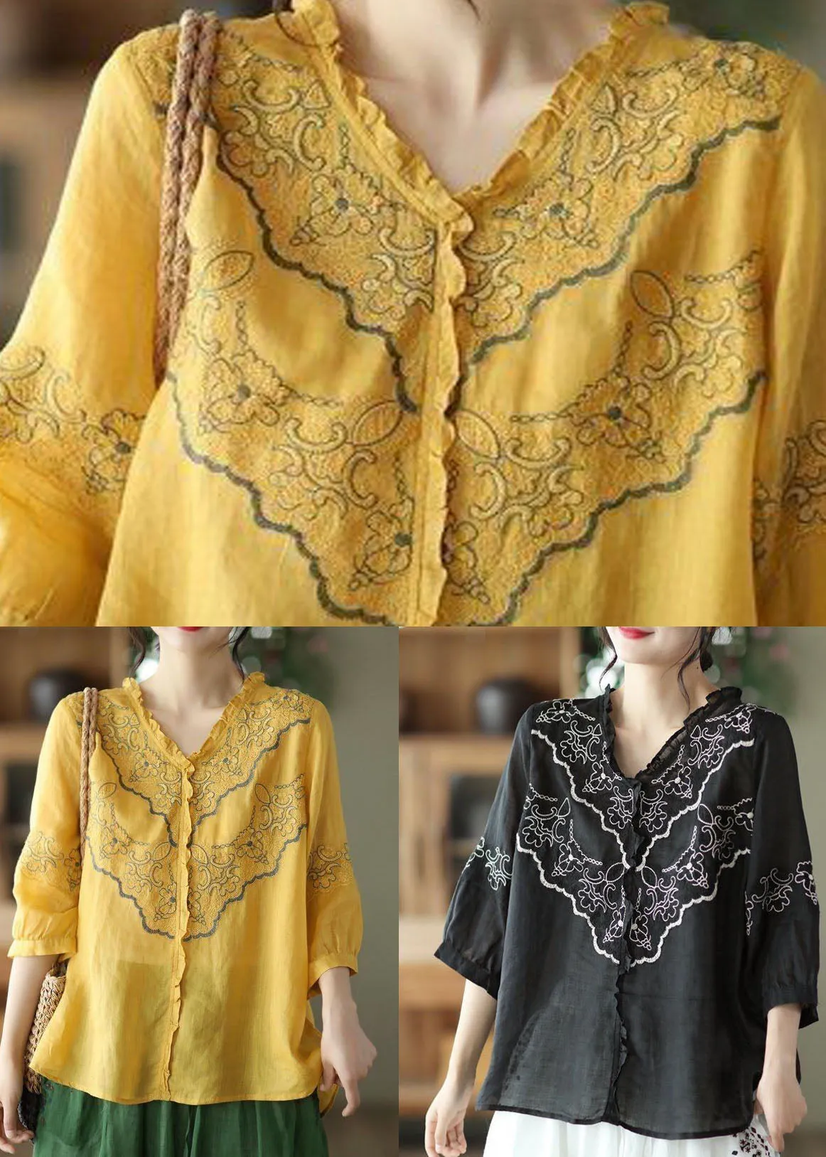 Art Black Embroideried Patchwork Linen Tops Summer LY0233