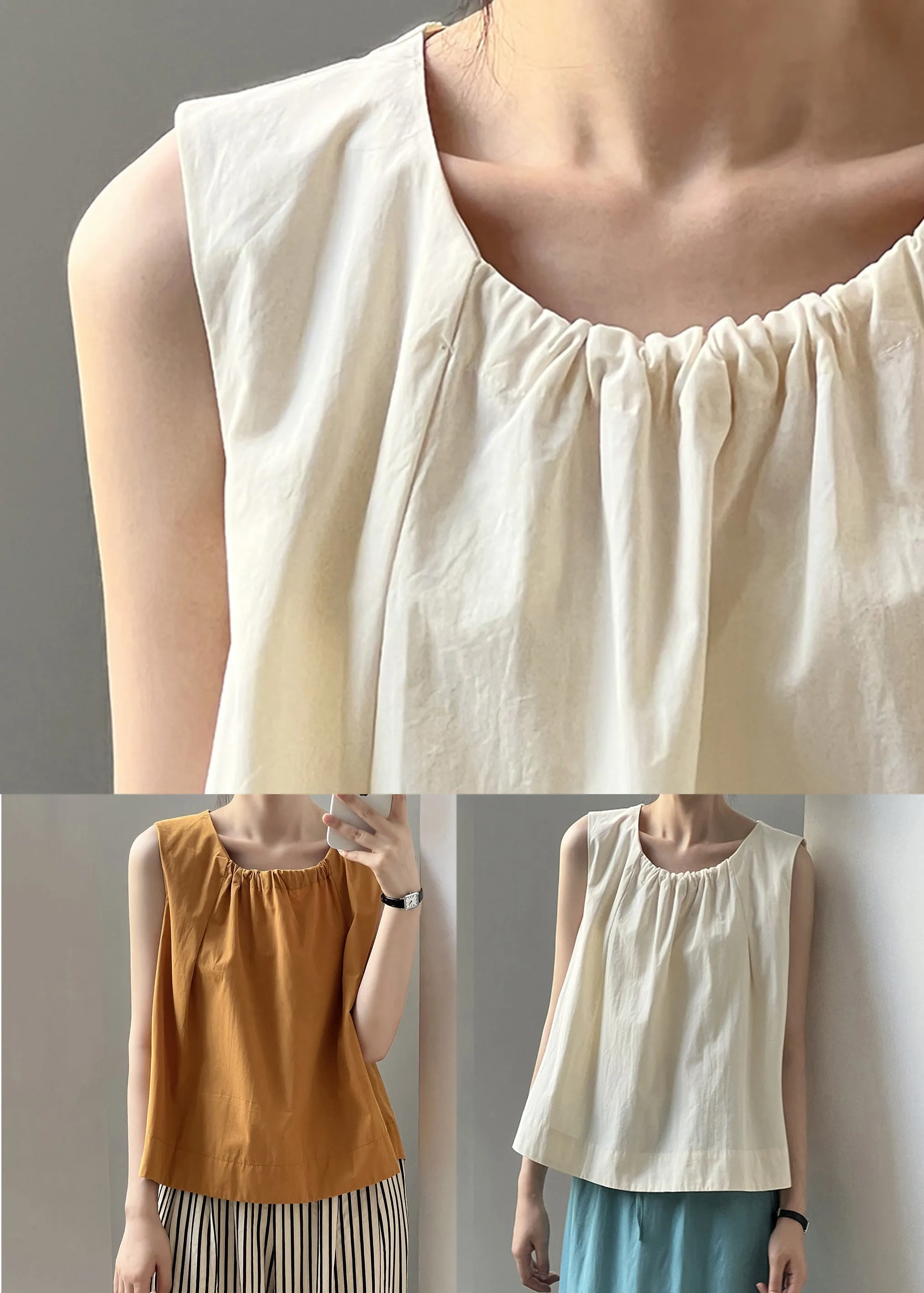 Beige Button Solid Cotton Tops O-Neck Summer QE035