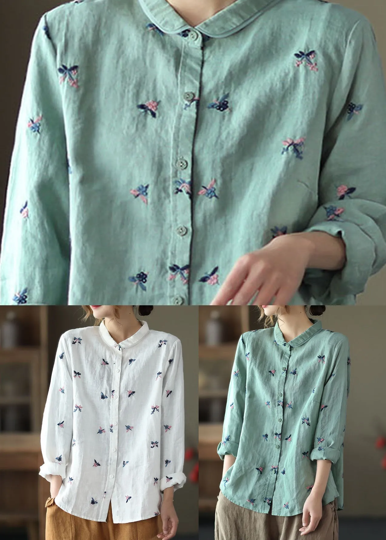 Blue Patchwork Linen Blouse Tops Embroideried Button Long Sleeve LY6260