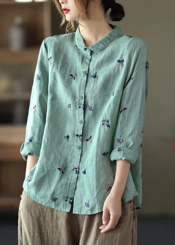 Blue Patchwork Linen Blouse Tops Embroideried Button Long Sleeve LY6260