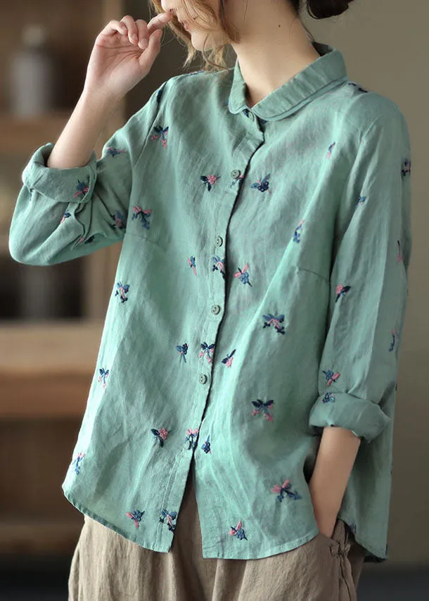 Blue Patchwork Linen Blouse Tops Embroideried Button Long Sleeve LY6260