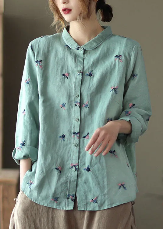 Blue Patchwork Linen Blouse Tops Embroideried Button Long Sleeve LY6260