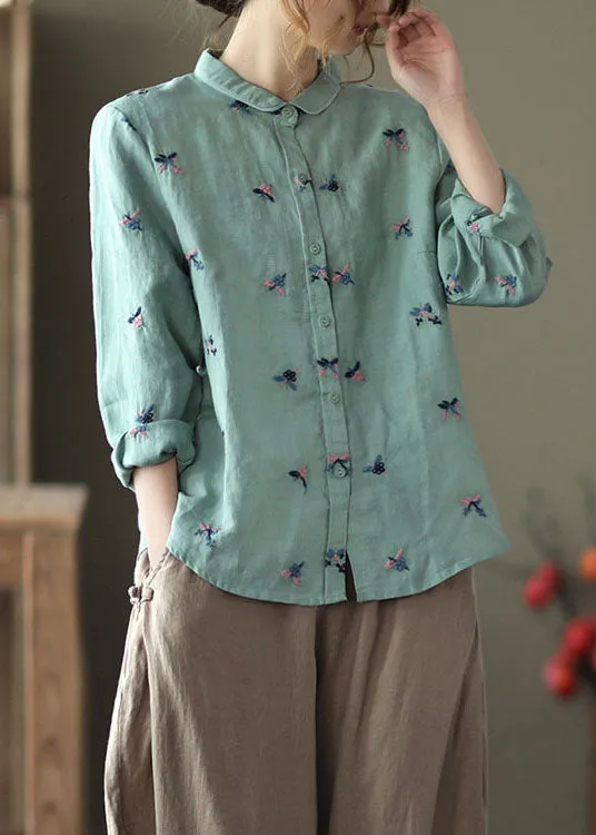 Blue Patchwork Linen Blouse Tops Embroideried Button Long Sleeve LY6260