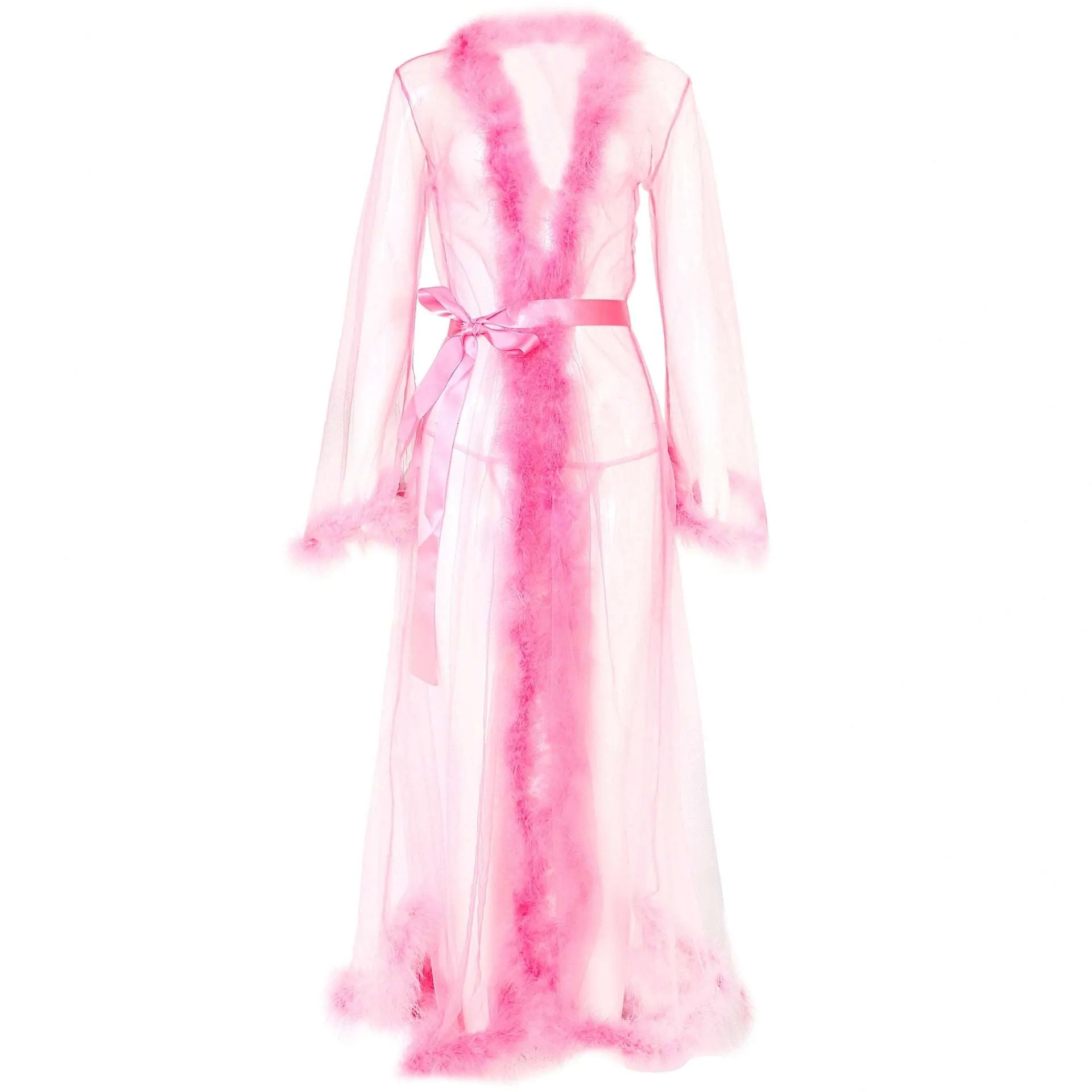 Bridal Bathrobe Women's Nightgowns Fur Wedding Bathrobe Feather Translucent Lace Long Robes For Women Mesh Dress Solid Sleepwear