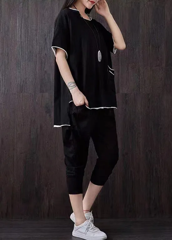 Casual Black Pockets Patchwork Tops And Pants Cotton Two Piece Suit Set Summer