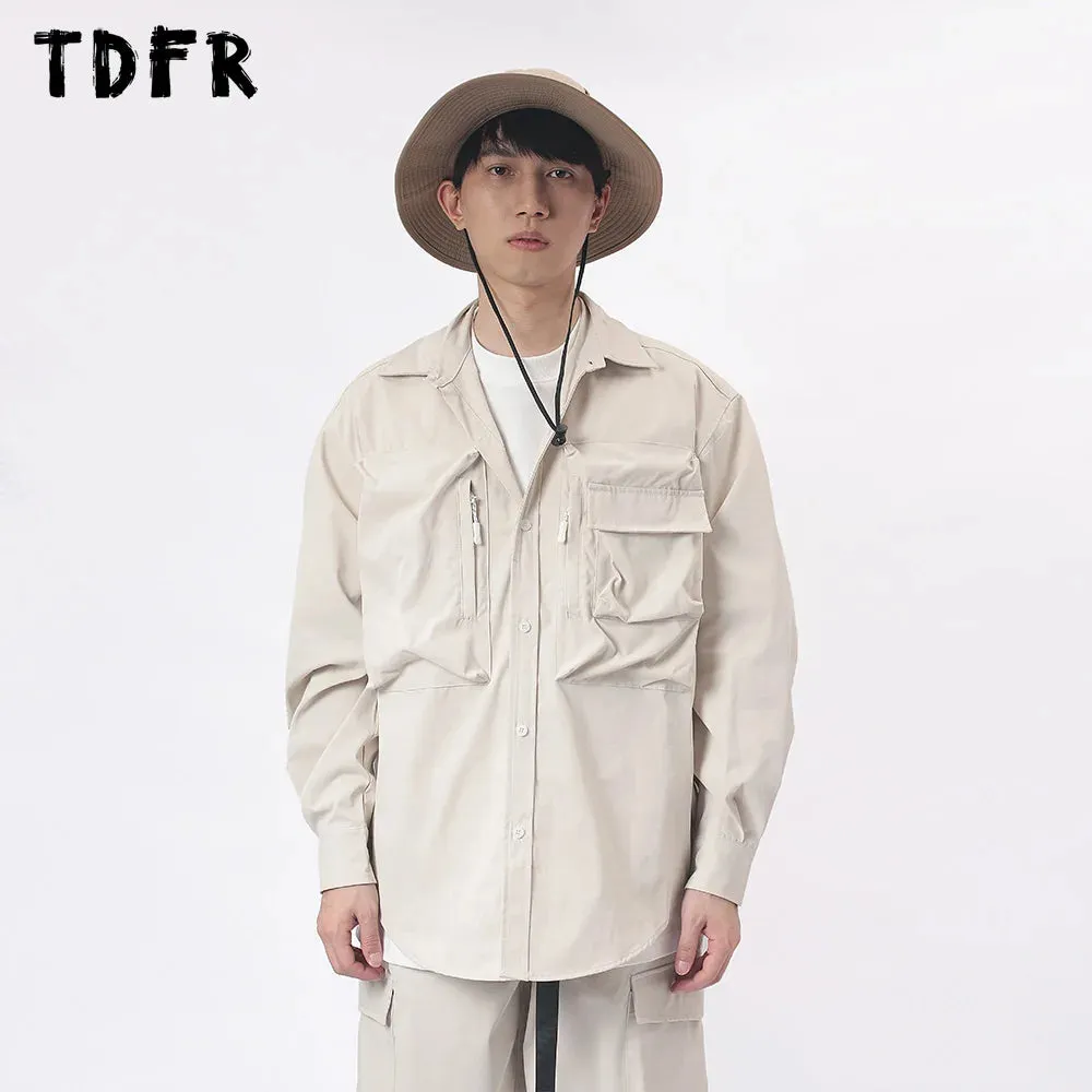 Casual Solid Color Safari Style Cargo Shirts with Curved Hem and Lapel