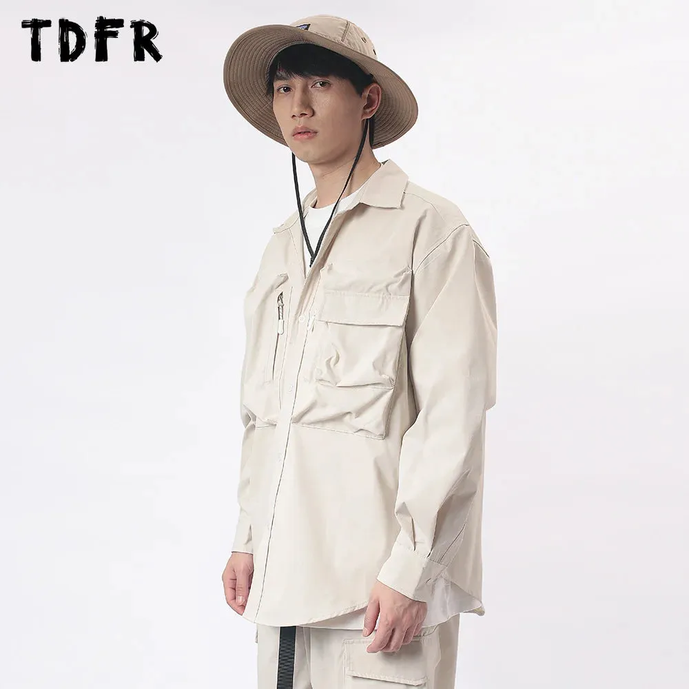 Casual Solid Color Safari Style Cargo Shirts with Curved Hem and Lapel