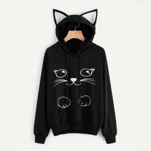 Cat Ear Cartoon Print Women Hoodies