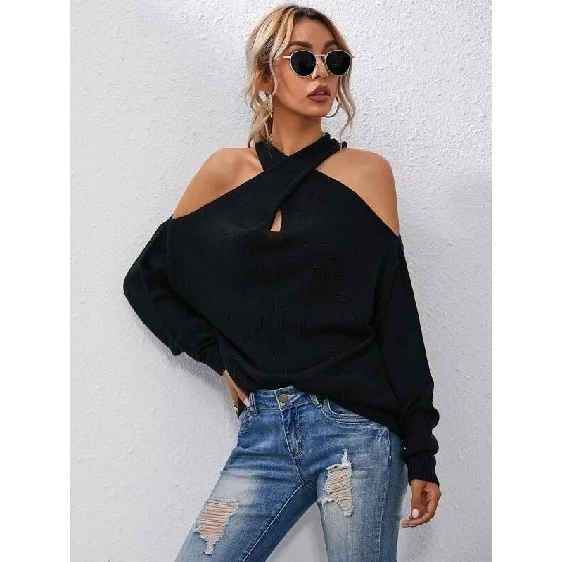 Crisscross Halter Neck Drop Shoulder Sweater