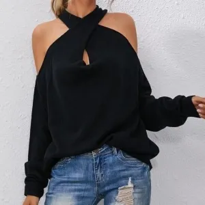 Crisscross Halter Neck Drop Shoulder Sweater