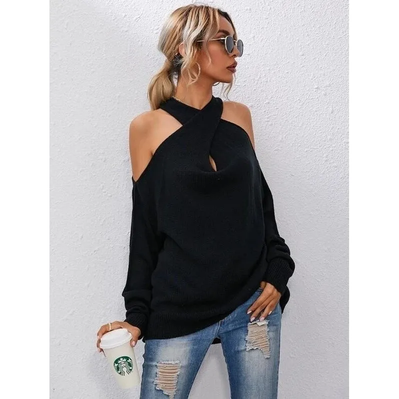 Crisscross Halter Neck Drop Shoulder Sweater