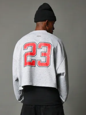 Crop Fit Long Sleeve Sweatshirt With Embroidery & Number Graphic Print