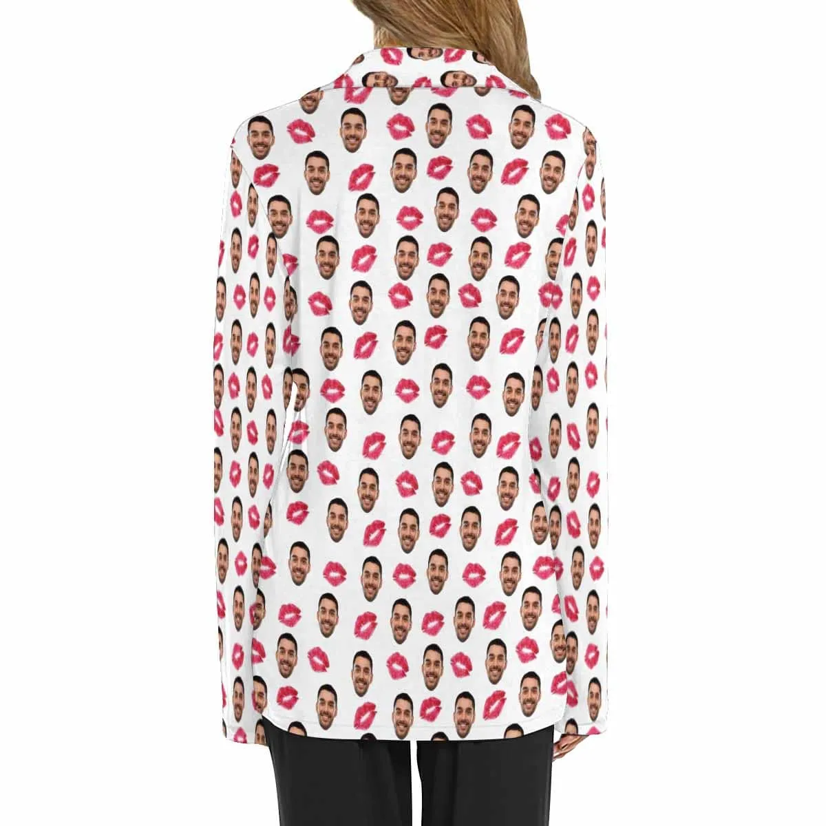 Custom Boyfriend Face Pajamas Red Lips Sleepwear Personalized Women's Long Pajama Shirt&Pants