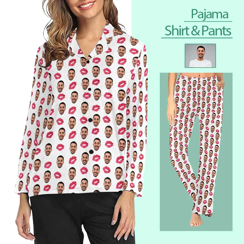 Custom Boyfriend Face Pajamas Red Lips Sleepwear Personalized Women's Long Pajama Shirt&Pants