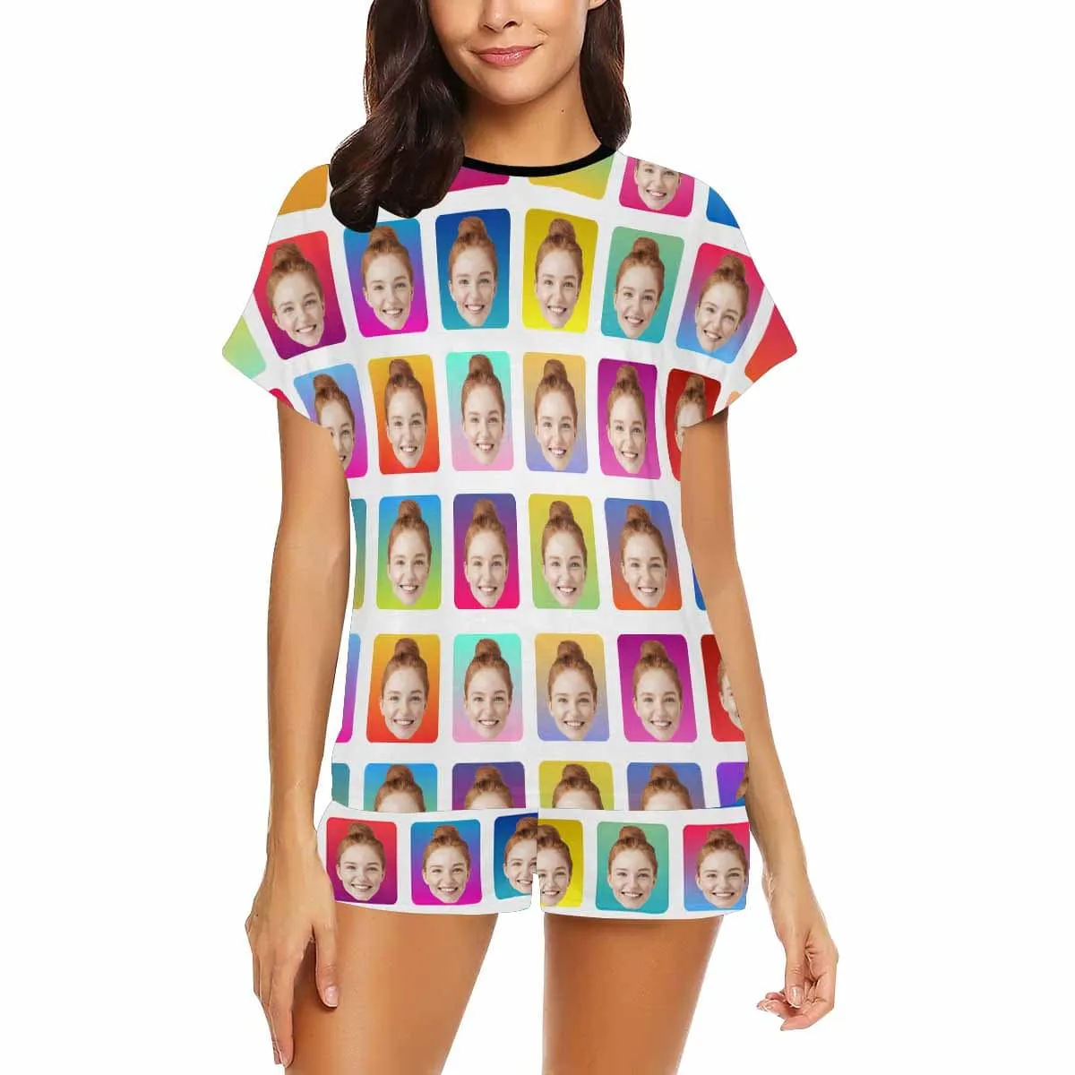 Custom Face Pajamas Colorful Lattice Sleepwear For Her Personalized Women's Short Pajama Set