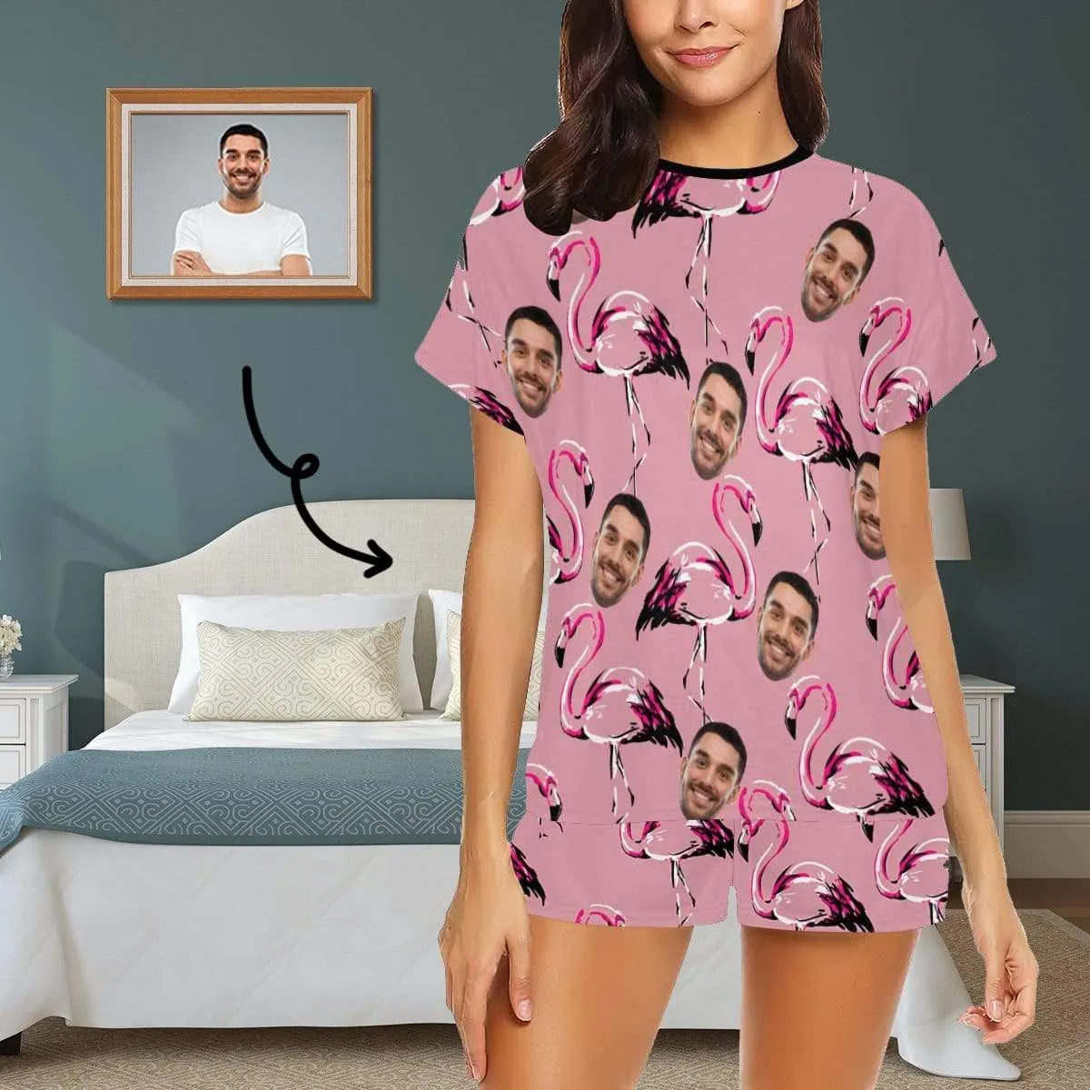 Custom Face Pajamas Flamingo Sleepwear Personalized Women's Short Pajama Set Nightwear Gift