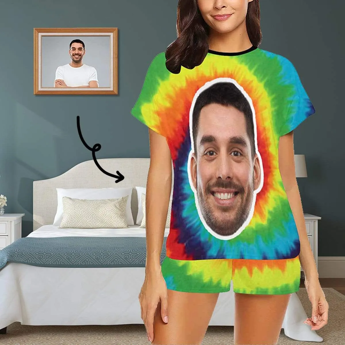 Custom Face Pajamas Rainbow Tie-dyed Sleepwear Personalized Women's Short Pajama Set