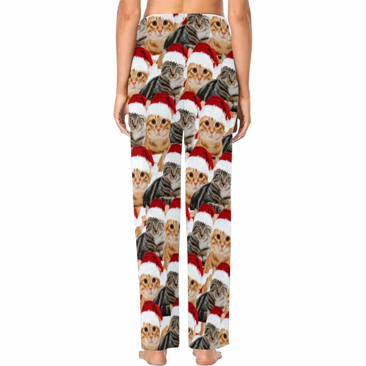 Custom Face Pet Cat Christmas Red Hat Sleepwear Personalized Women's&Men's Slumber Party Long Pajama Pants