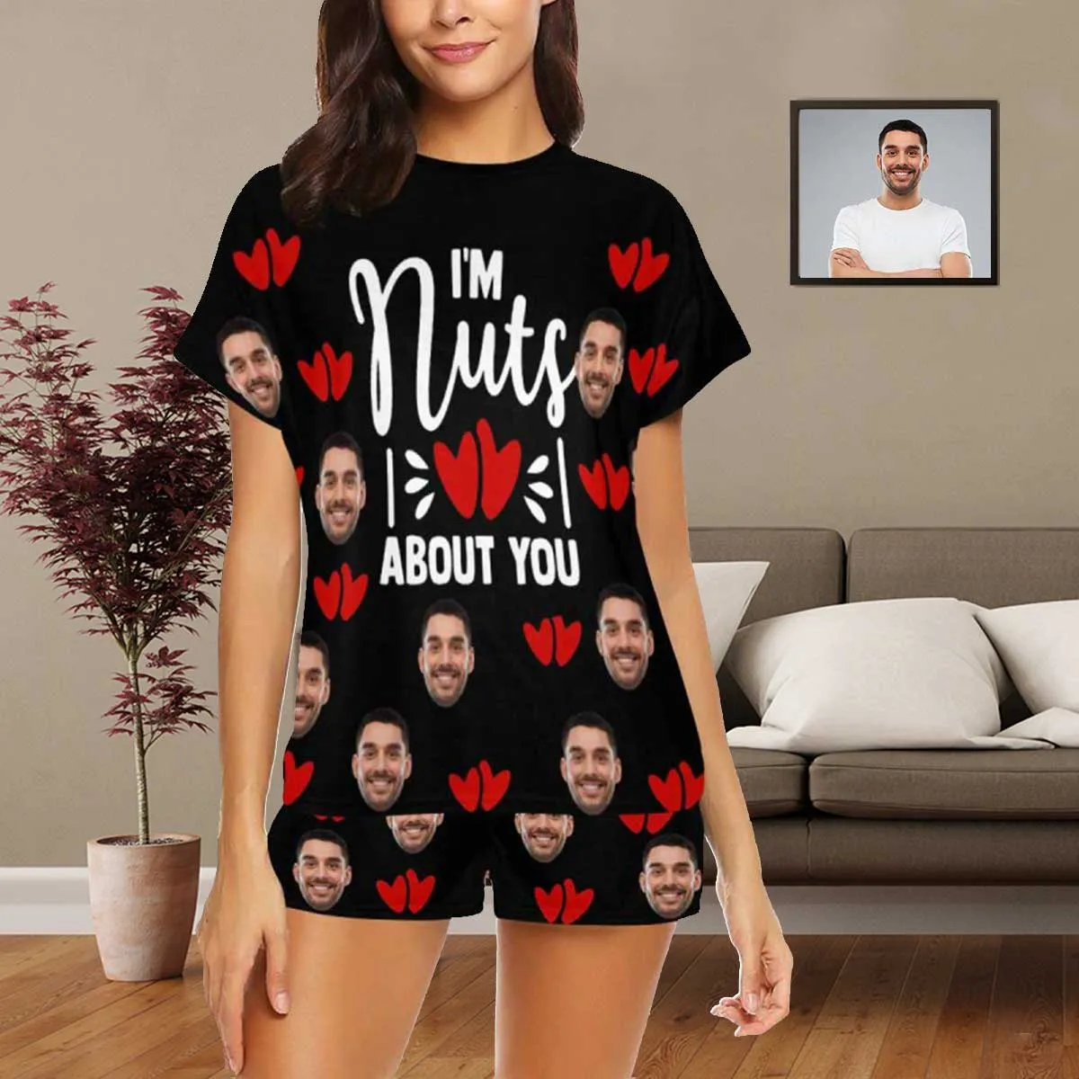 Custom Pajamas Sleep Loungewear For Her Personalized Face Women's Short Pajama Set- I'm Nuts About You