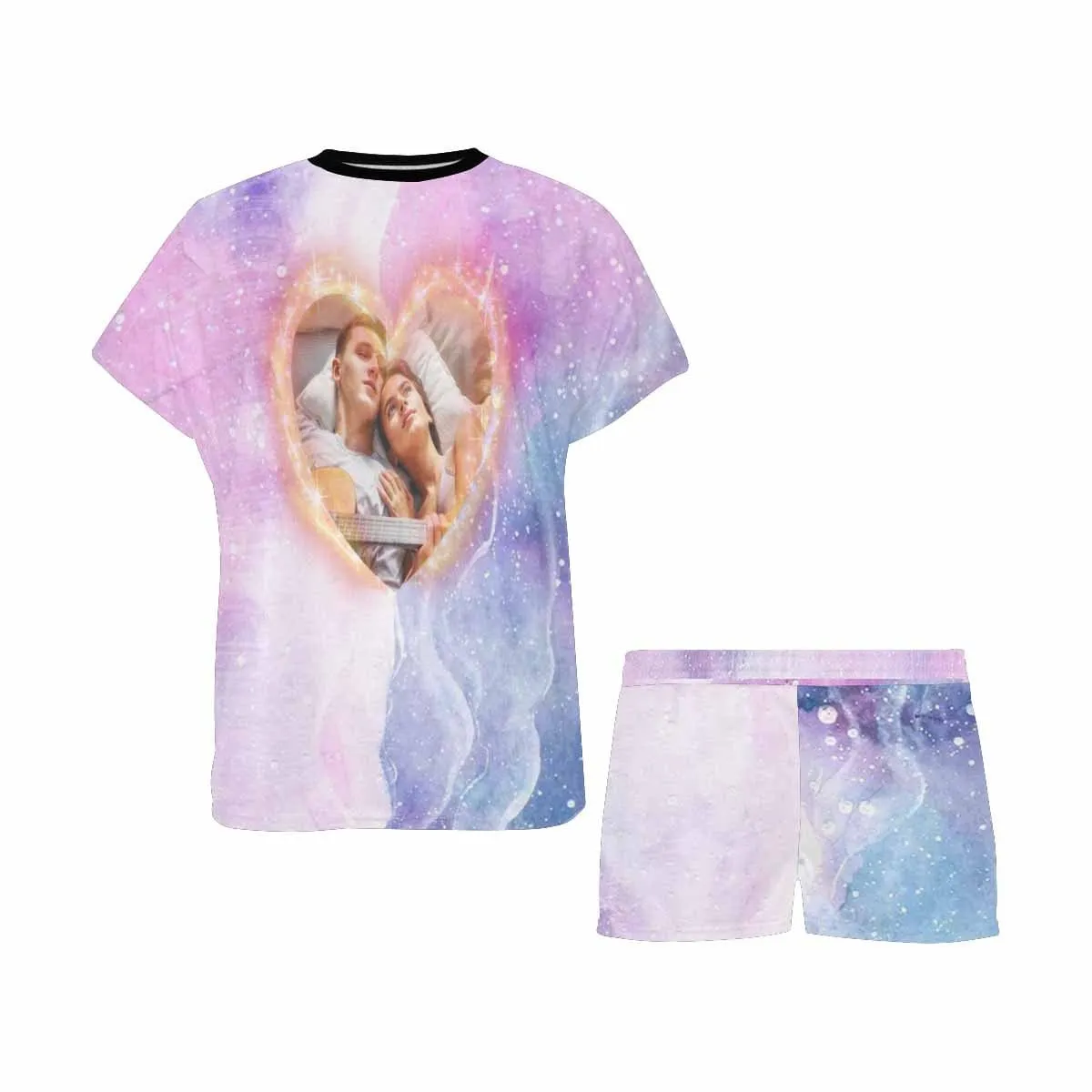 Custom Photo Pajamas for Women Purple Galaxy Sleepwear Personalized Loving Couple Women's Short Pajama Set