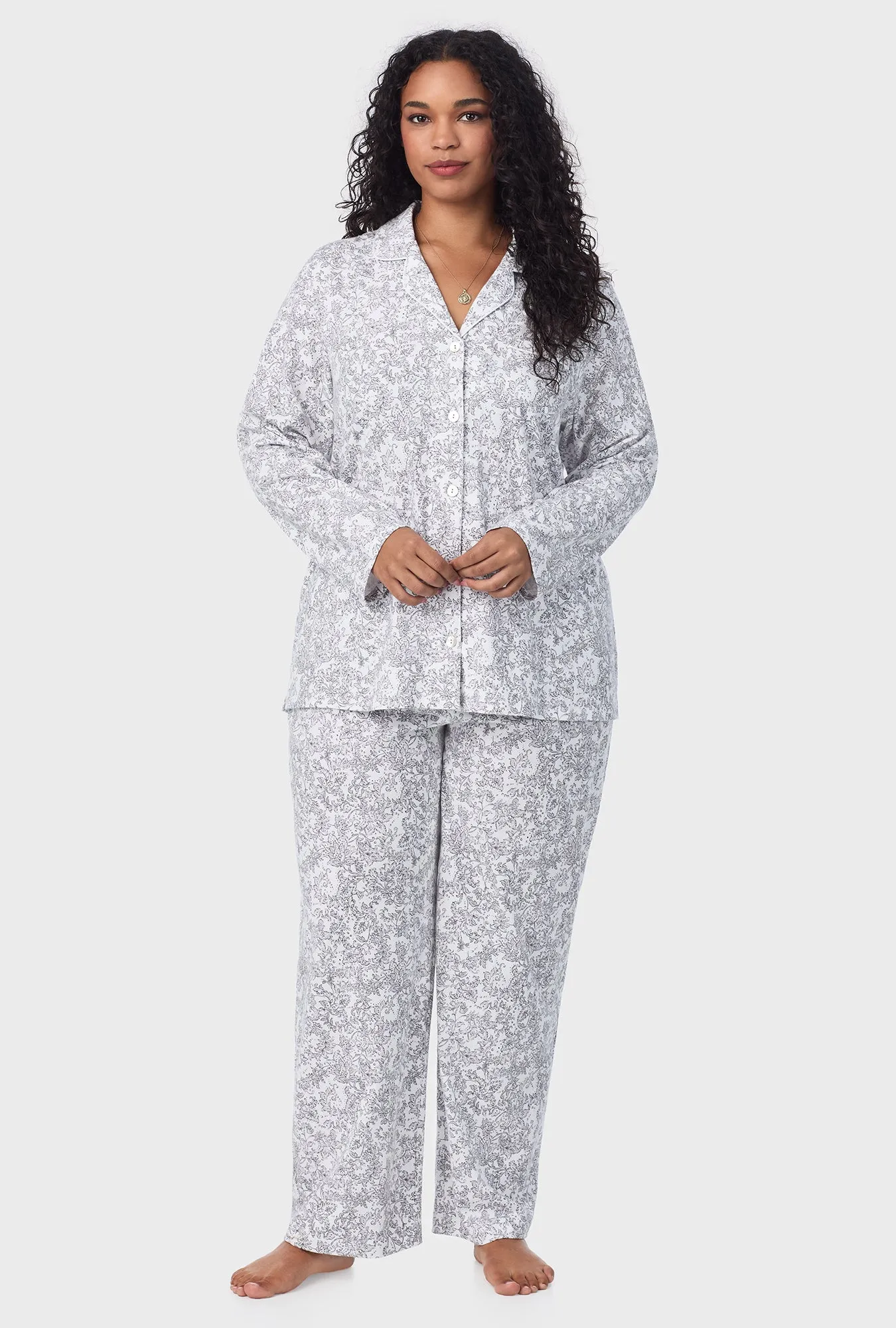 Grey Paisley Cotton Long Pajama Set