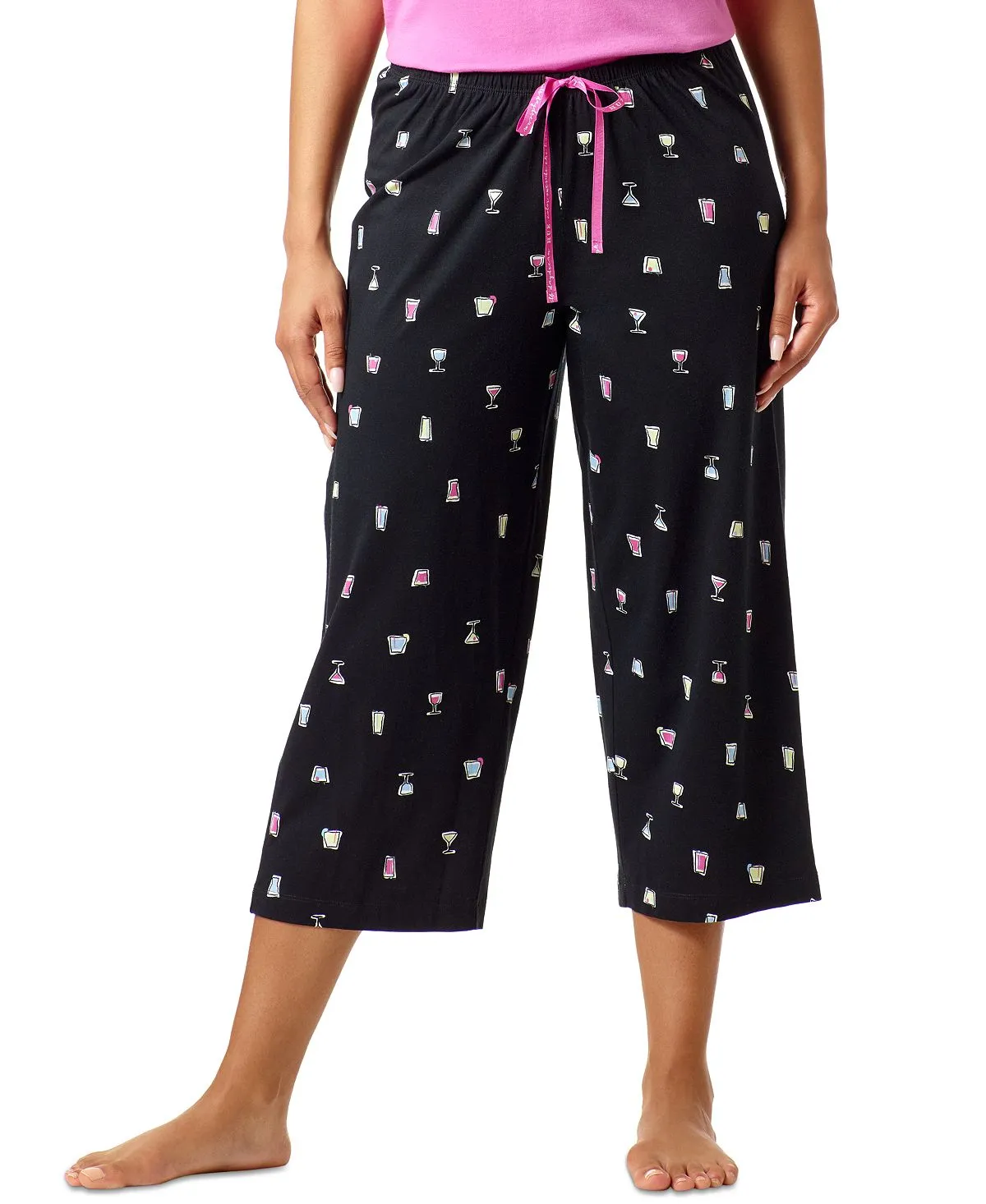 Hue Print Knitted Capri Pajama Pants, Black