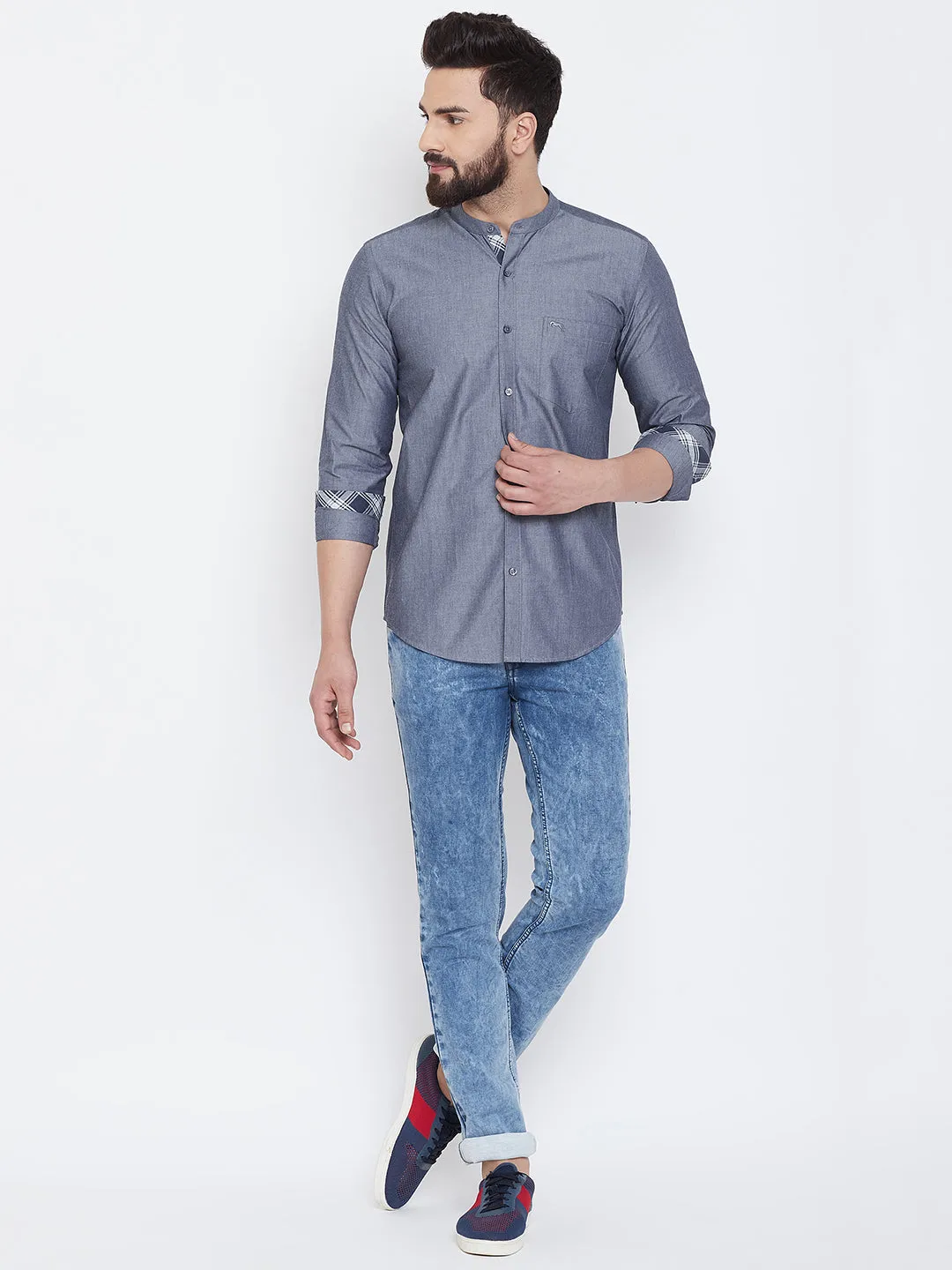 JUMP USA Men Dark Grey Solid Cotton Casual Shirts