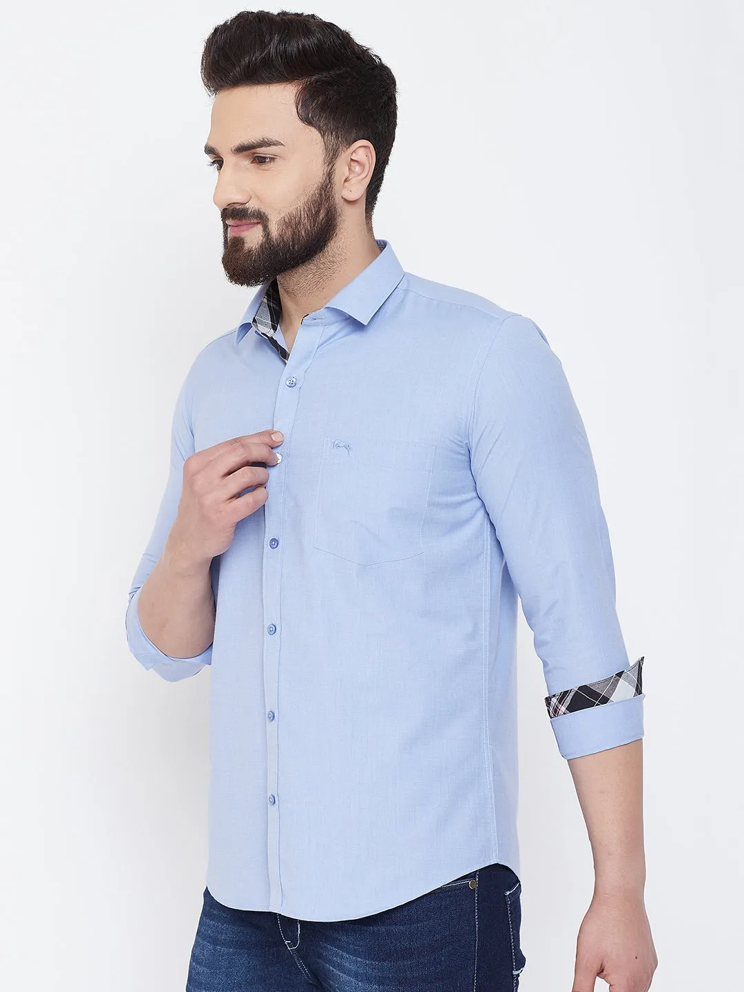 JUMP USA Men Powder Blue Solid Cotton Casual Shirts