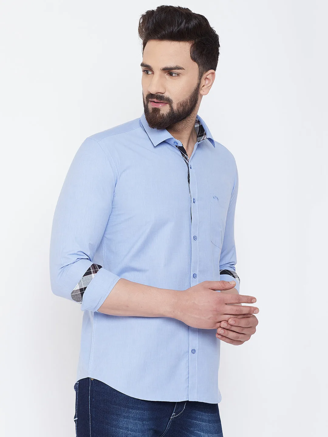 JUMP USA Men Powder Blue Solid Cotton Casual Shirts