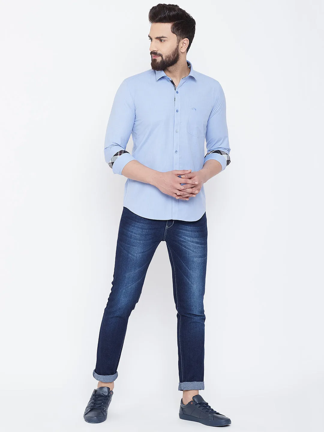 JUMP USA Men Powder Blue Solid Cotton Casual Shirts