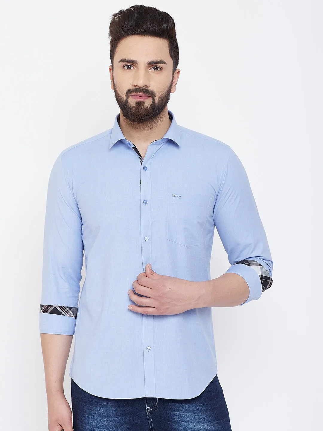 JUMP USA Men Powder Blue Solid Cotton Casual Shirts