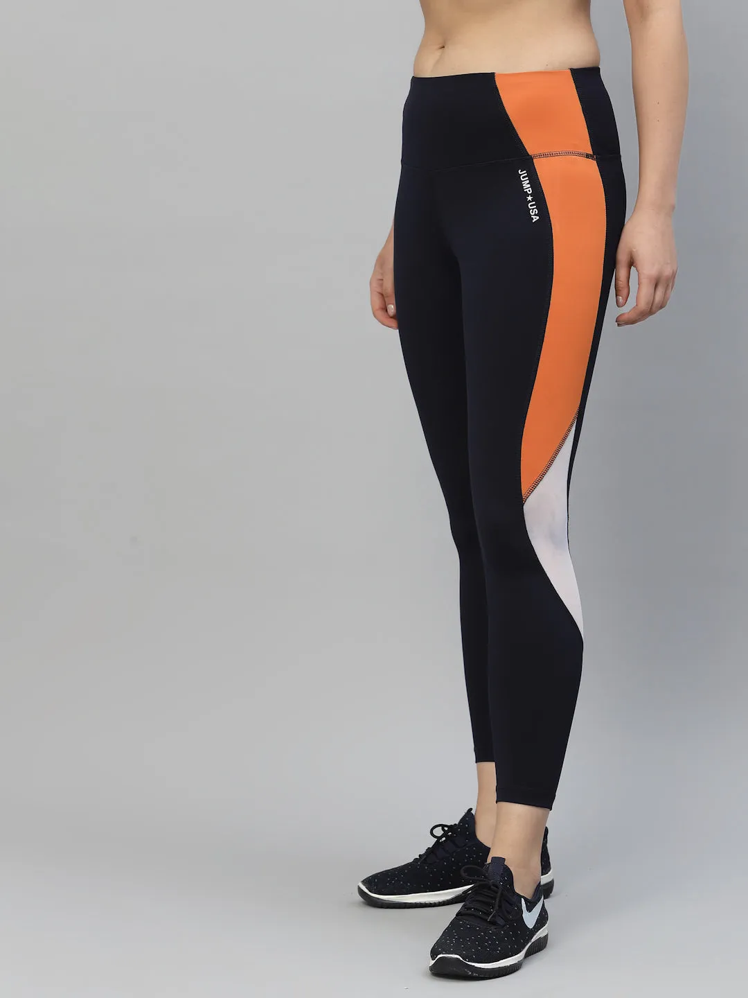 JUMP USA Women Navy Blue & Orange Rapid-Dry Fit Running Tights