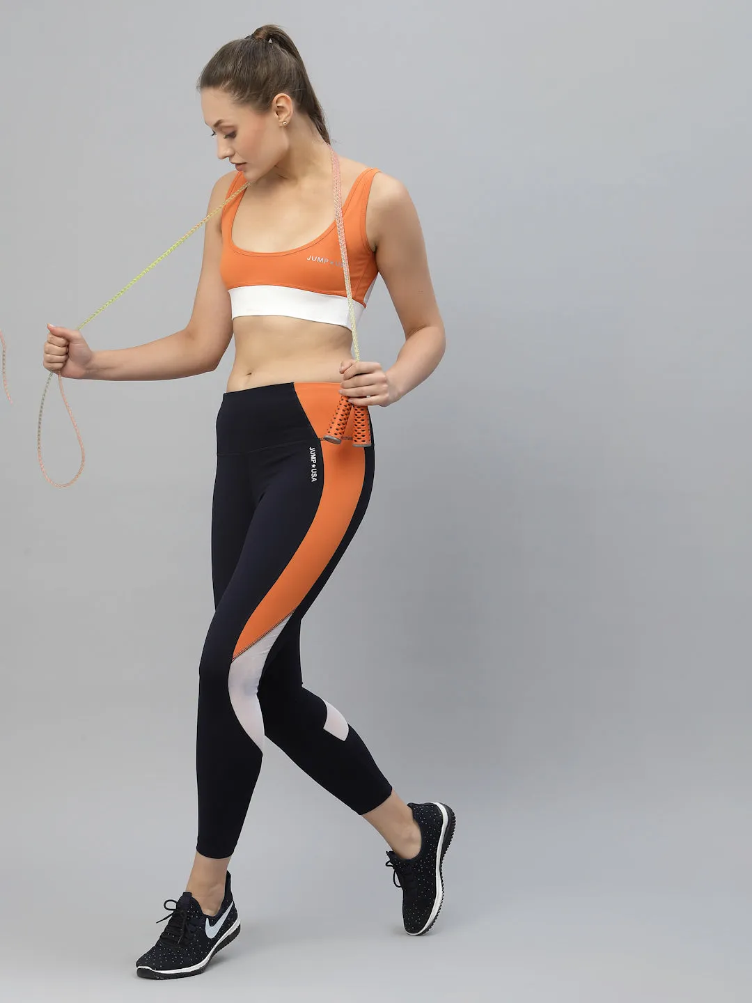 JUMP USA Women Navy Blue & Orange Rapid-Dry Fit Running Tights