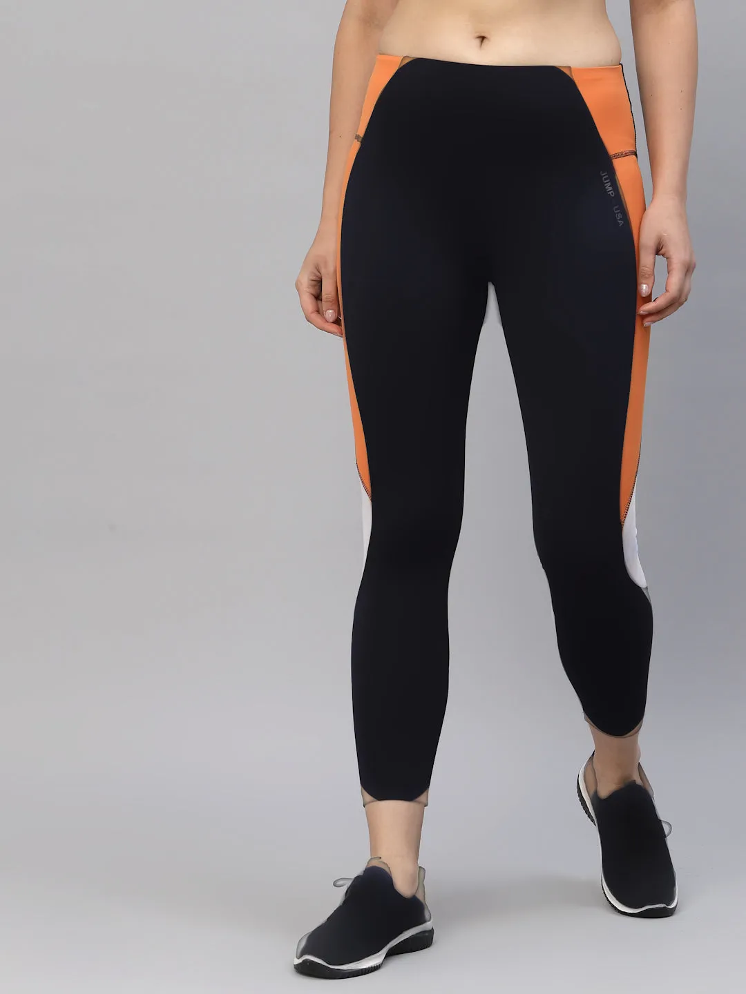 JUMP USA Women Navy Blue & Orange Rapid-Dry Fit Running Tights