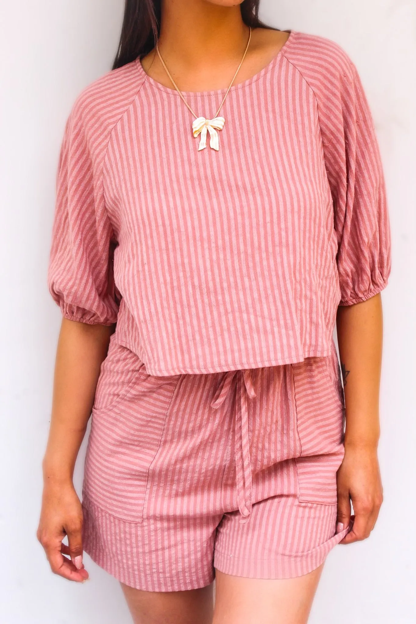 Lake Como Balloon Sleeve Top w/ Drawstring Shorts Stripe Set - Mauve