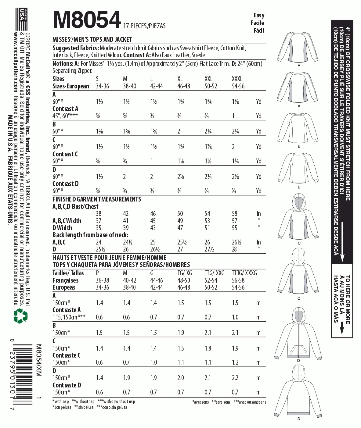 McCall's Pattern M8054 Misses'/Men's Tops and Hoodies