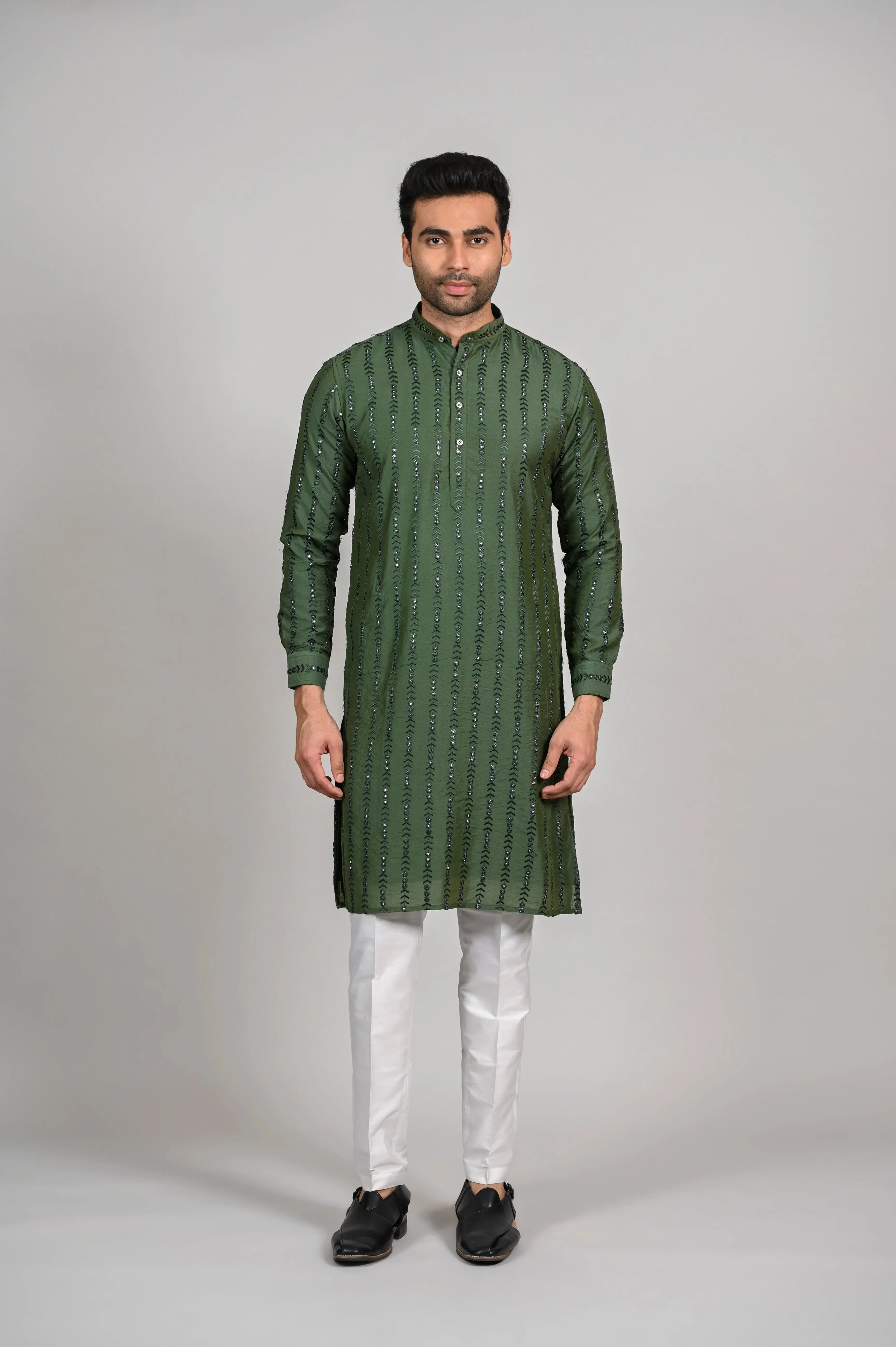 Mehendi Slim Fit Kurta Set for Men in Silk