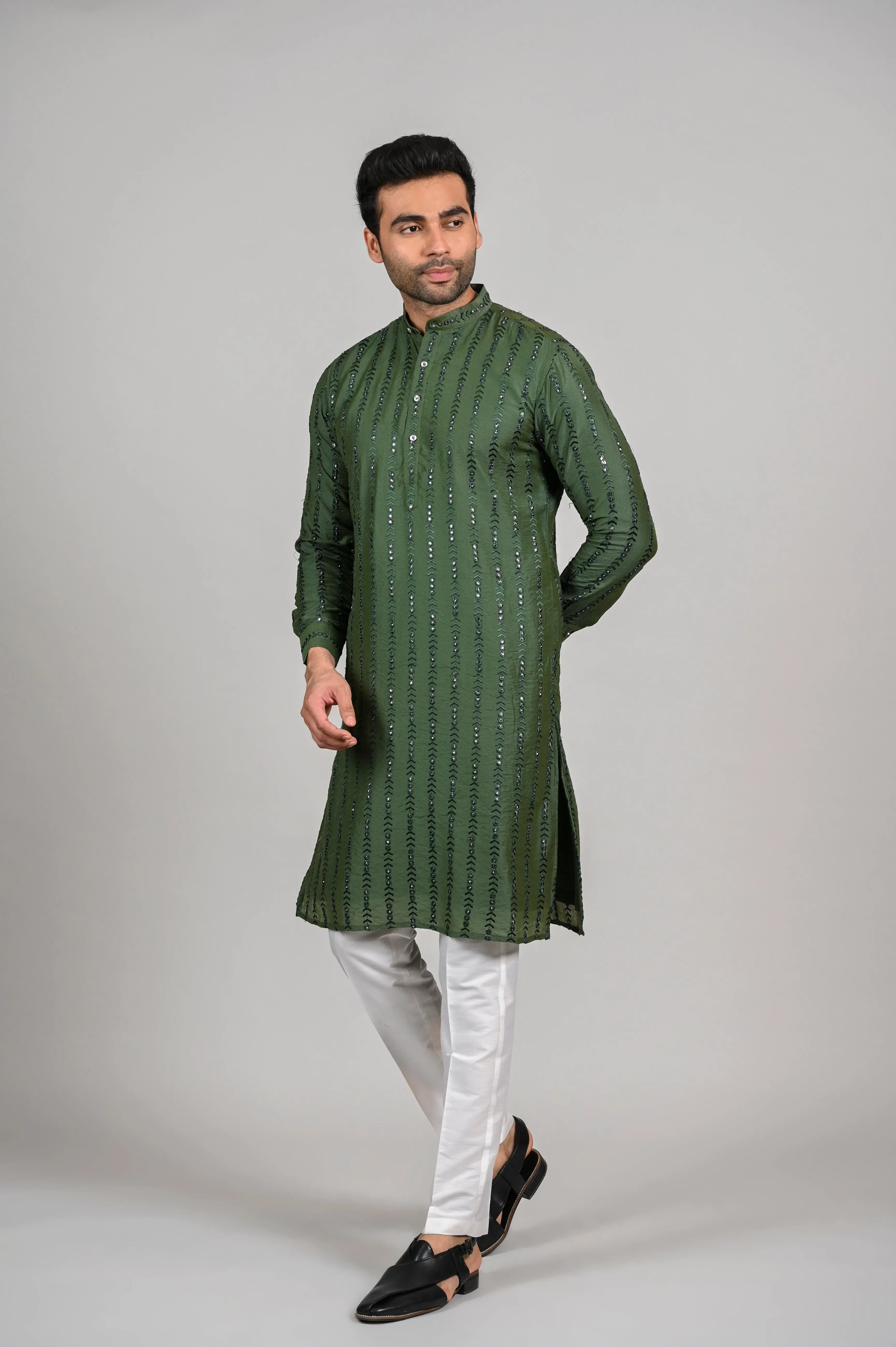 Mehendi Slim Fit Kurta Set for Men in Silk