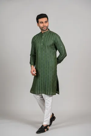 Mehendi Slim Fit Kurta Set for Men in Silk