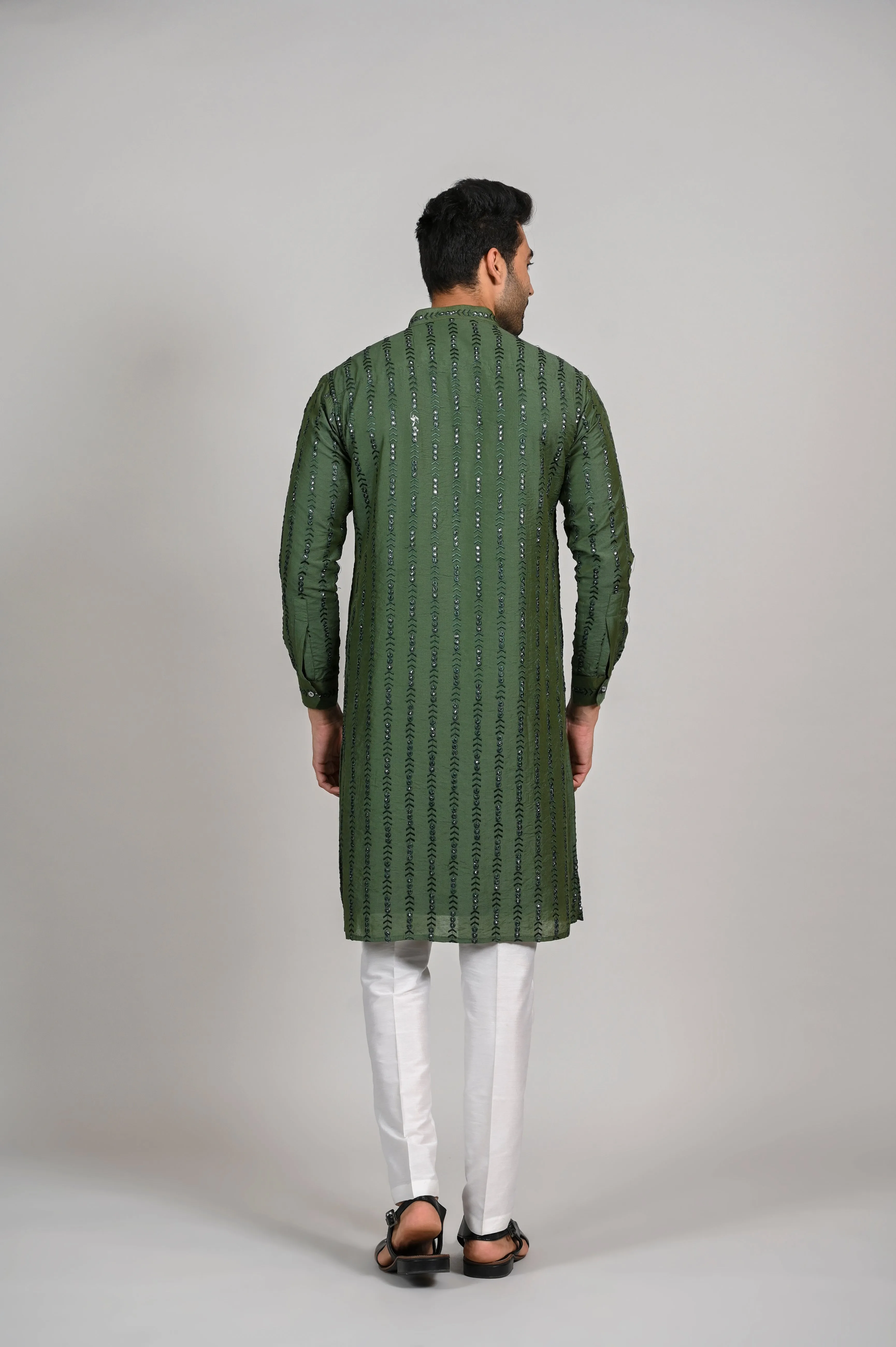 Mehendi Slim Fit Kurta Set for Men in Silk