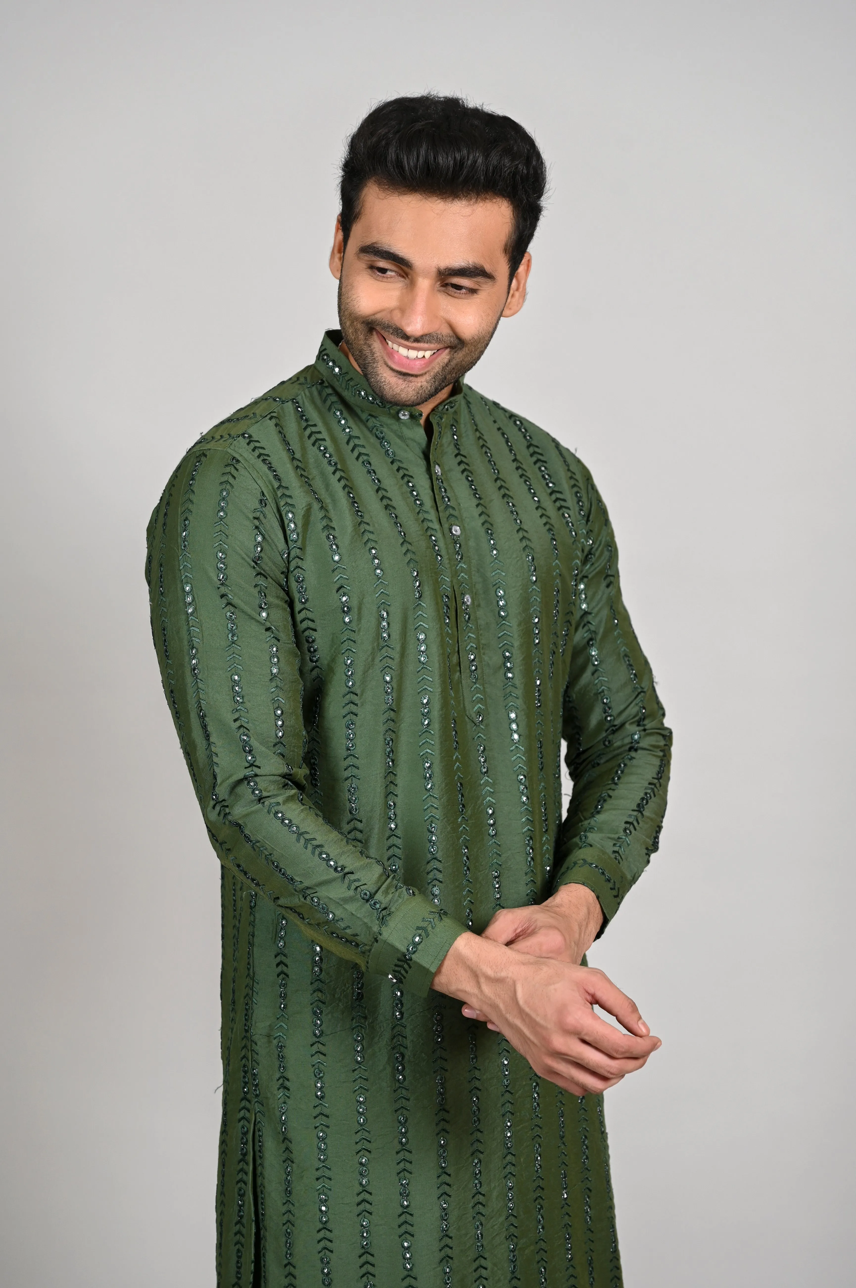 Mehendi Slim Fit Kurta Set for Men in Silk