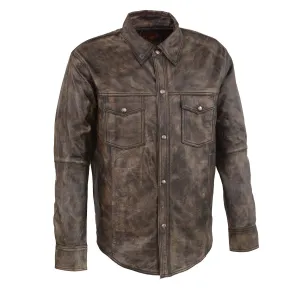 Milwaukee Leather MLM1606 Men's 'Button Down' Distressed Brown Casual Biker Leather Shirt