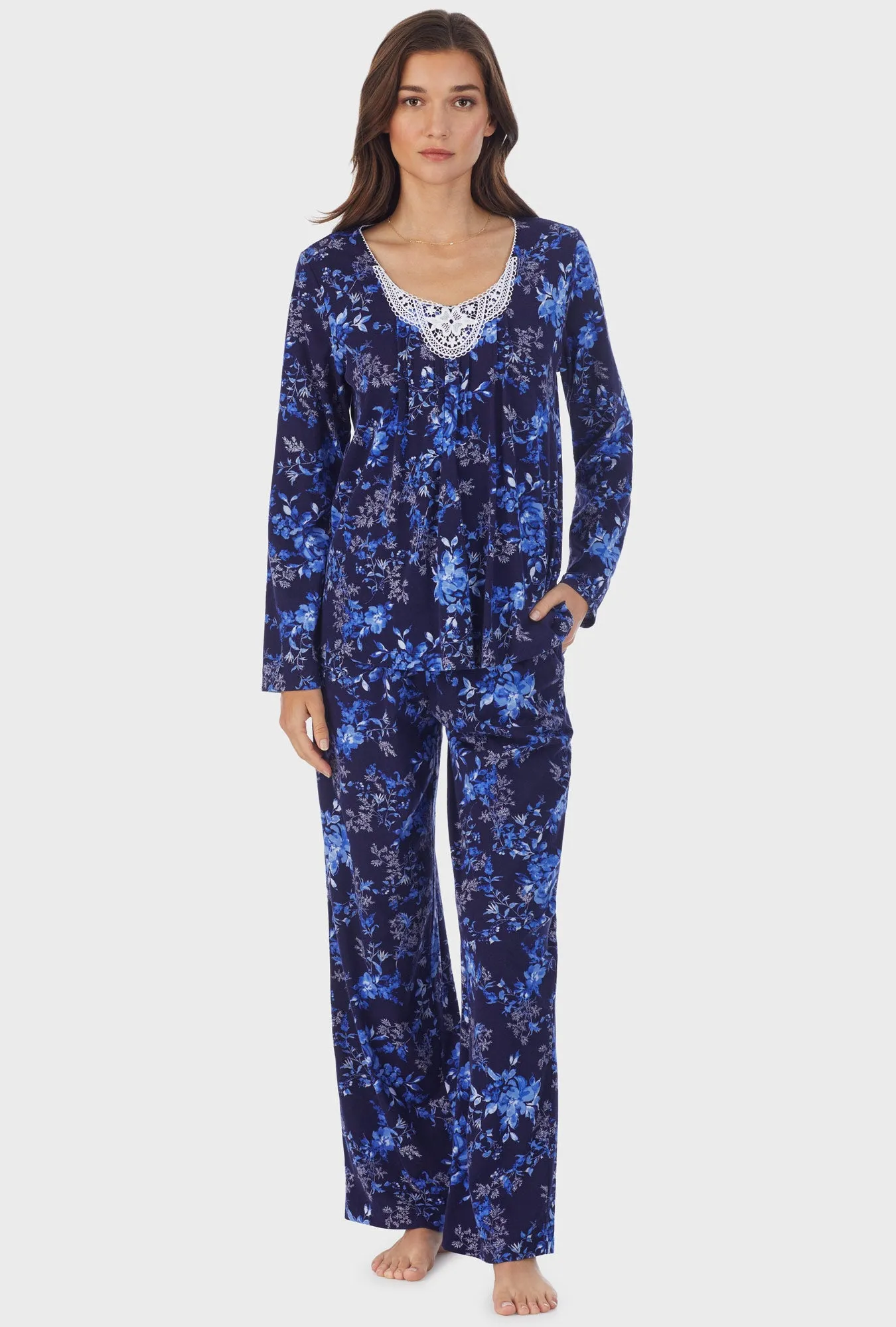 Navy Floral Cotton Long Pajama Set