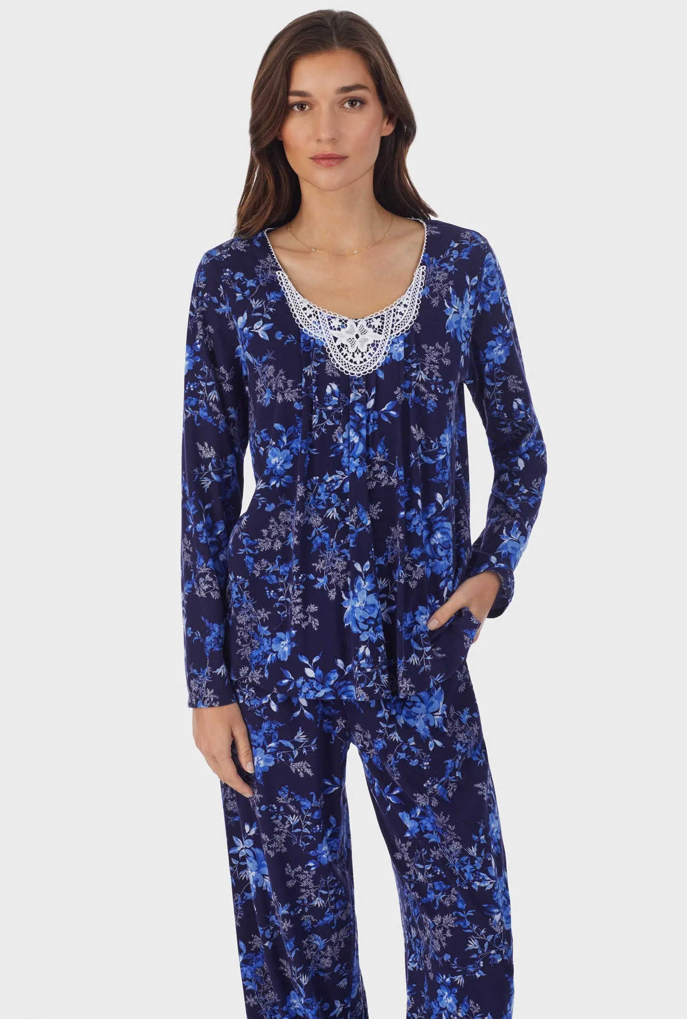 Navy Floral Cotton Long Pajama Set