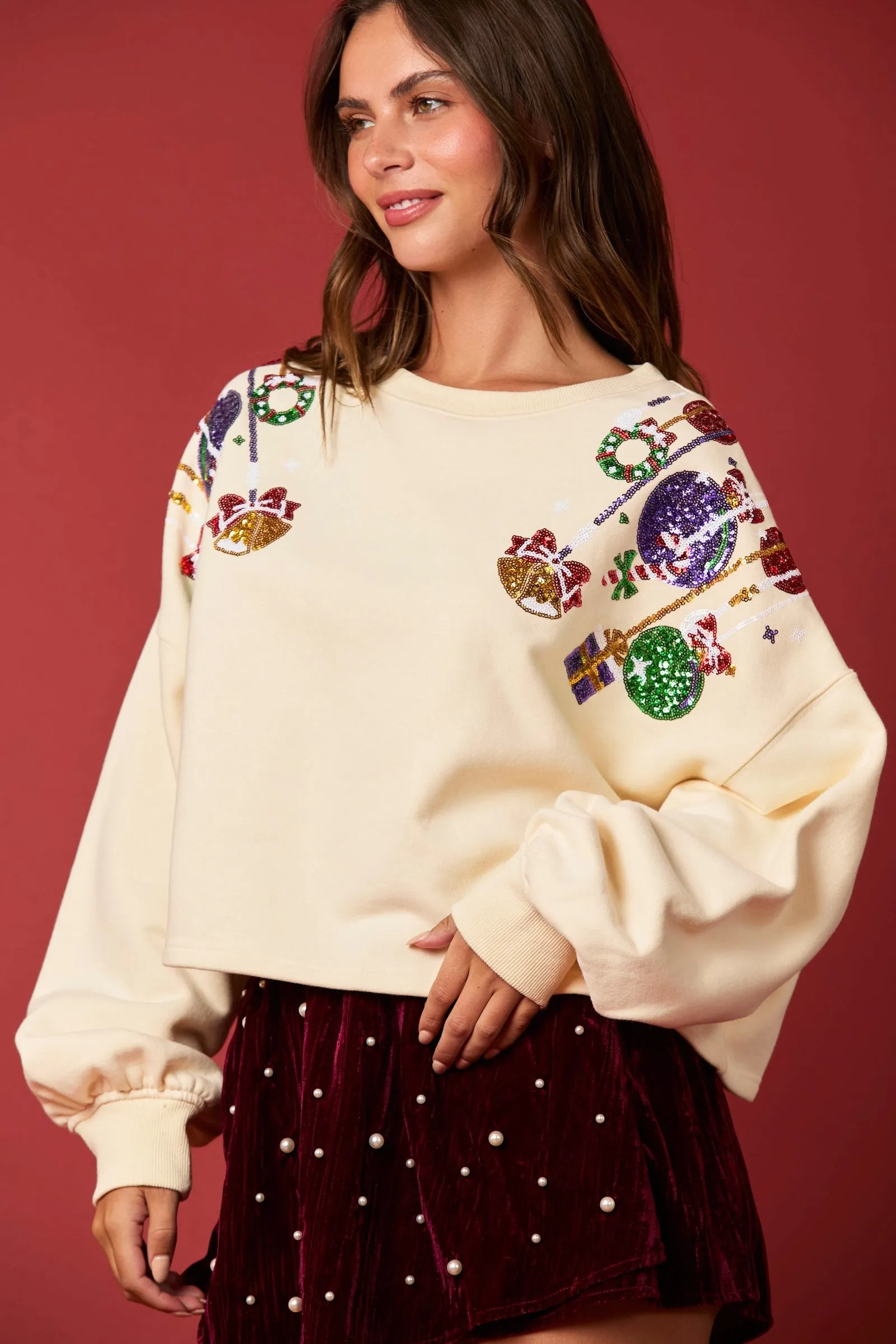 Ornaments Sequin Cropped Sweatshirts