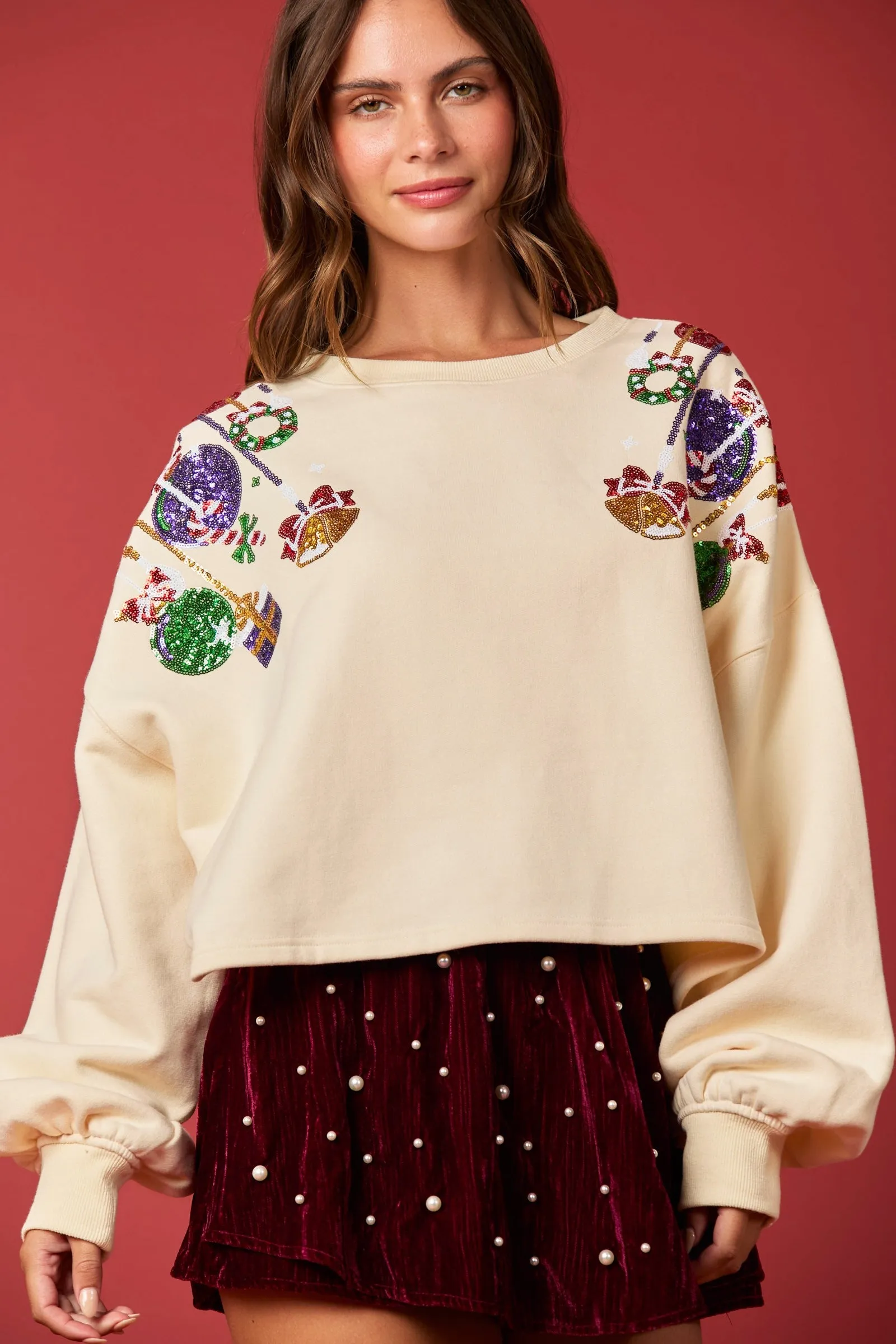 Ornaments Sequin Cropped Sweatshirts